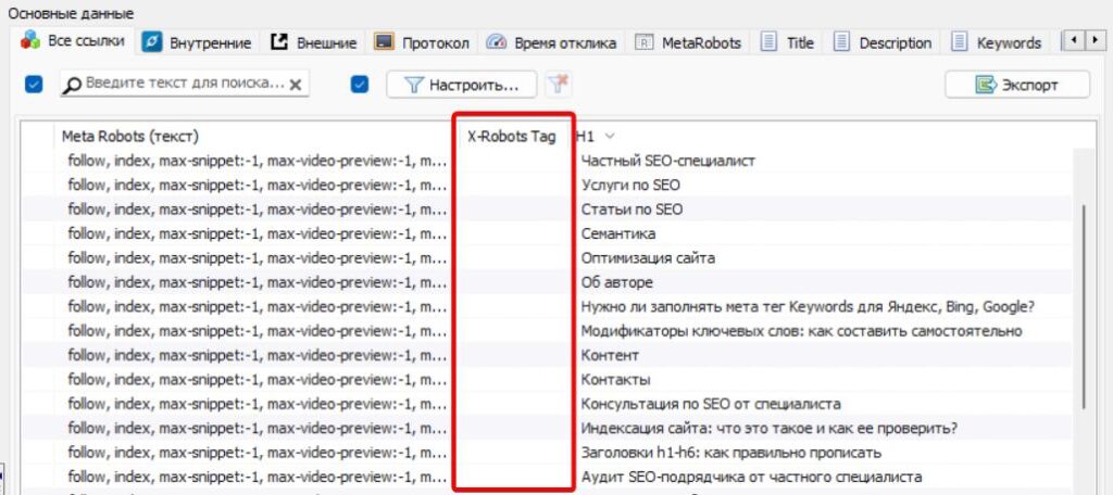 Проверка x-robots-tag в Site Analyzer